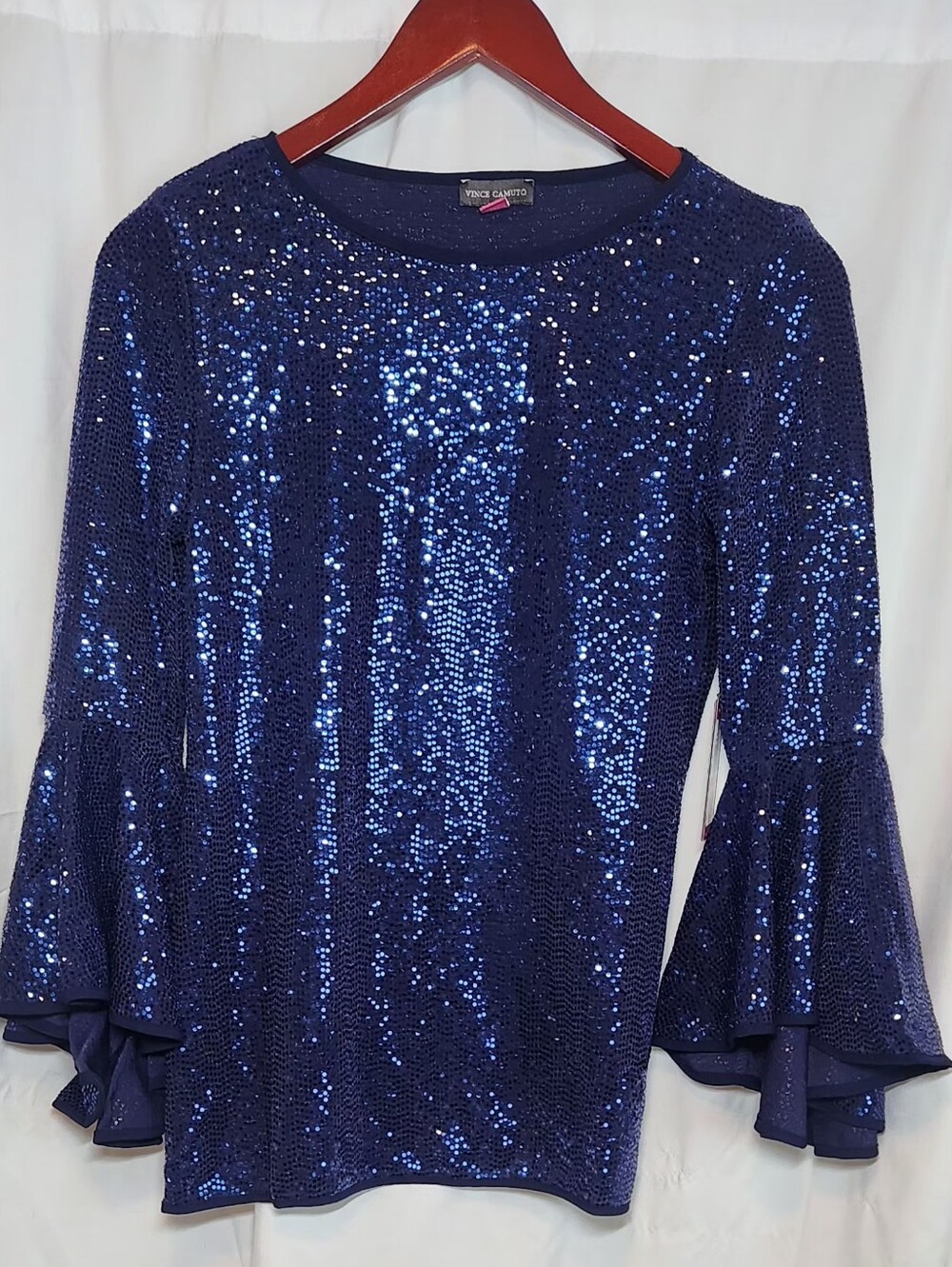Vince Camuto Blue Sequin Metalic Knit Flutter Bell Sleeve Top Size XS NWT